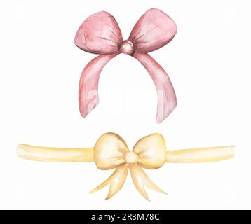 Set di fiocco regalo rosa e giallo ad acquerello. Elementi decorativi ad arco disegnati a mano, decorazioni per feste Foto Stock