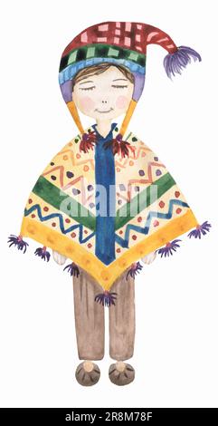 Acquerello graziosa ragazza indiana americana con poncho tradizionale, illustrazione disegnata a mano Foto Stock