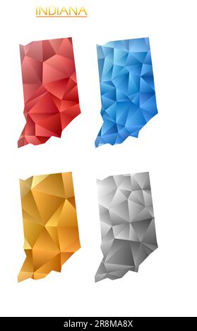 Insieme di mappe poligonali vettoriali dell'Indiana. Mappa a gradiente luminoso dello stato degli Stati Uniti in stile poly basso. Illustrazione Vettoriale