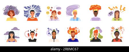 Persone con pensieri negativi e stress impostano l'illustrazione vettoriale. Cartone animato isolato uomo e donna infelici con cattivo umore e tempo a testa, nuvole di pioggia e fuoco, emoji triste e confusione, domande Illustrazione Vettoriale
