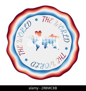 Il distintivo World. Mappa del mondo con splendide onde geometriche e cornice rossa e blu vibrante. Logo rotondo brillante. Illustrazione vettoriale. Illustrazione Vettoriale