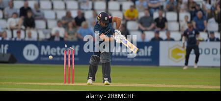 Northampton 21-Giugno 2023 : Wayne Madsen di Derbyshire Falcons fuori per 35 bowled fuori da David Willey di Northamptonshire per 35 durante la partita di Blast di Vitality T20 fra Northamptonshire Steelbacks contro Derbyshire Falcons al terreno di contea Northampton Inghilterra . Foto Stock