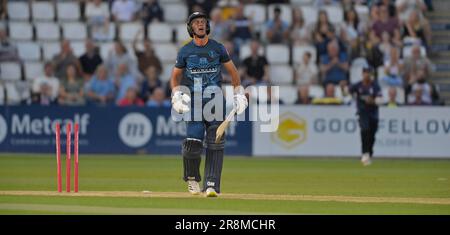 Northampton 21-Giugno 2023 : Wayne Madsen di Derbyshire Falcons fuori per 35 bowled fuori da David Willey di Northamptonshire per 35 durante la partita di Blast di Vitality T20 fra Northamptonshire Steelbacks contro Derbyshire Falcons al terreno di contea Northampton Inghilterra . Foto Stock