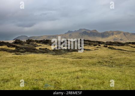 Bellezza drammatica e selvaggia delle montagne e dei tranquilli pascoli, ricoperti di erba, muschio e lichene. Cielo nuvoloso in autunno. Vik, Islanda. Foto Stock