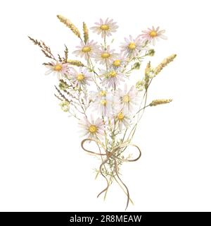 Bouquet di acquerelli di fiori selvatici, camomilla e spikelets legati con un arco isolato su sfondo bianco. Perfetto per decorare gli inviti di nozze Foto Stock