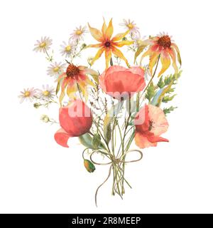 Bouquet di acquerelli di echinacea gialla e fiori di papavero, camomilla ed erbe da campo. Modello per inviti e cartoline. Foto Stock