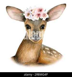 Ritratto della testa di cervo con illustrazione della corona di fiori bianchi rosa. Clipart animale disegnato a mano Foto Stock