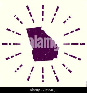 Logo Georgia. Poster grunge Sunburst con mappa dello stato degli Stati Uniti. Forma della Georgia piena di cifre esadecimali con raggi solari intorno. Illustrazione Vettoriale