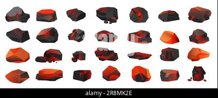 Illustrazione vettoriale del set di carbone nero caldo. Cartone animato isolato in pietra singola rossa e mucchio di carbone per grigliate e barbecue, briquette di carbone che si illumina nel caminetto, pezzi caldi bruciati Illustrazione Vettoriale
