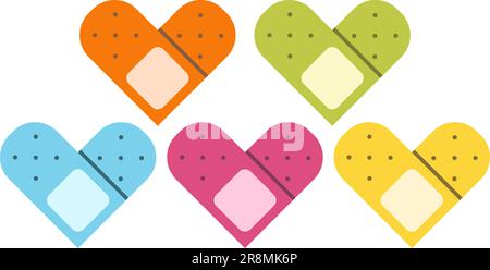 Piatto carino set di band aiuta illustrazioni con i cuori. Collezione medica di bendaggio di icone. Illustrazione Vettoriale