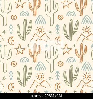 Modello senza giunture occidentale. Cacti Wild West Print Illustrazione Vettoriale