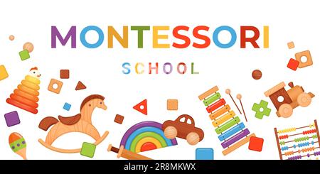 Illustrazione vettoriale del design del banner Montessori. Cartoni animati isolati graziosi giocattoli in legno arcobaleno per lo sviluppo precoce dei bambini e l'educazione all'infanzia nell'asilo, lettering della scuola Montessori Illustrazione Vettoriale