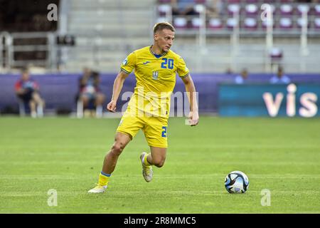 BUCAREST, ROMANIA - 21 GIUGNO 2023 - il centrocampista dell'Ucraina Maksym Braharu è visto in campo durante il Campionato europeo UEFA Under 21 2023 Foto Stock
