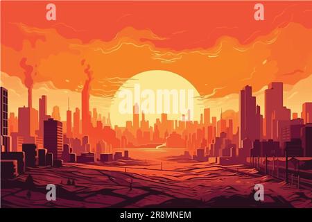 Illustrazione vettoriale dei cartoni animati di Searing Urban Horizon, paesaggio urbano inghiottito da calore atmosferico rosso-caldo Illustrazione Vettoriale