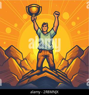 Cartoon vettore illustrazione del successo emblema, businessman hoists trofeo in cima alla montagna sotto il tramonto Illustrazione Vettoriale