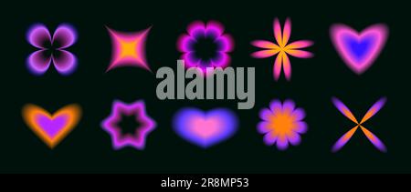 Fiori sfumati sfumati, stelle e cuori. Collezione Y2K aura Shapes. Elementi trendy astratti al neon colorati per logo, modelli, badge, adesivi, collage. Pacchetto vettoriale Illustrazione Vettoriale