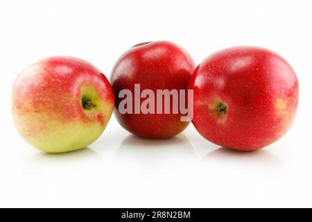 Tre mele rosse mature in fila isolate su sfondo bianco Foto Stock