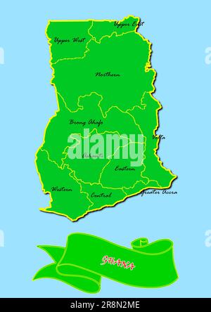 Mappa del Ghana con sottoregioni in verde nome del paese in rosso Foto Stock