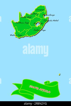 Mappa del Sudafrica con sottoregioni in verde nome del paese in rosso Foto Stock