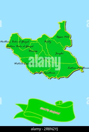 Mappa del Sud Sudan con sottoregioni in verde nome del paese in rosso Foto Stock