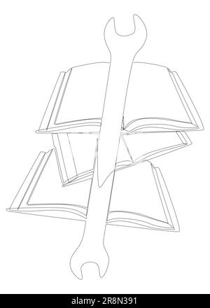 Una linea continua di libri con chiave. Illustrazione di linee sottili Manuale di istruzioni concetto di vettore. Disegno di contorno idee creative. Illustrazione Vettoriale