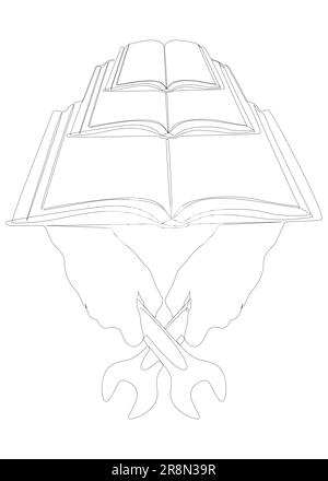 Una linea continua di libri con chiave. Illustrazione di linee sottili Manuale di istruzioni concetto di vettore. Disegno di contorno idee creative. Illustrazione Vettoriale