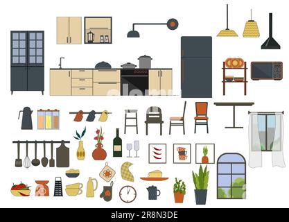 Set di elementi per il design degli interni della cucina. Mobili da cucina, tavolo e sedie, frigorifero, mensole e armadi con utensili. Vettore. Per il d Illustrazione Vettoriale