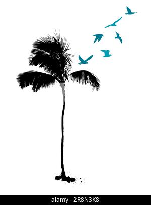 Oggetto di silhouette di palme con gabbiani volanti. Illustrazione vettoriale Illustrazione Vettoriale