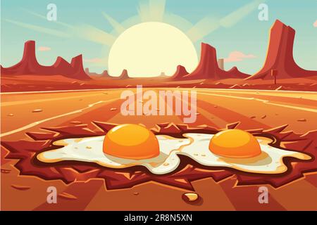 Cartoon vettore illustrazione di Sizzling cautela, patatine fritte sulle strade desertiche brucianti sotto il sole caldo Illustrazione Vettoriale