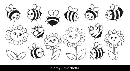Bee miele personaggi e fiori carino segno set. Fumetti bambini honeybee insetti personaggi con volti divertenti. Cute mano disegnata fumetto estate smiley stried api retro cartoon disegno vettoriale illustrazione Illustrazione Vettoriale
