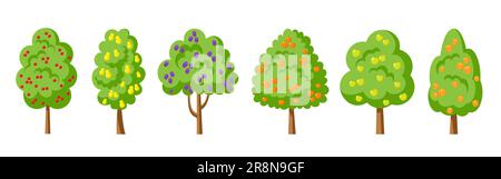 Verde frutteto piatto albero set. Diverse forme di piante agricole giardino, alberi con ciliegia matura pera susina arancio mandarino mela albicocca pesca isolato su bianco. Azienda agricola biologica raccolto fresco Illustrazione Vettoriale