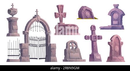 Set di cartoni animati di elementi di design del vecchio cimitero isolato su sfondo bianco. Illustrazione vettoriale di tombe in pietra gotica, croci antiche spaccate, Graveyar Illustrazione Vettoriale