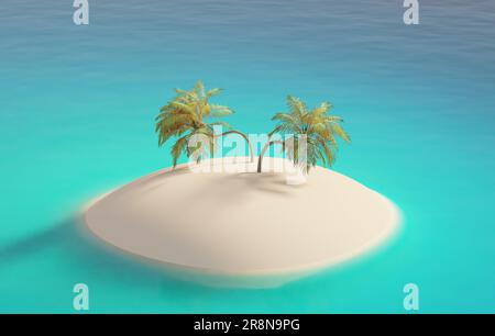 Isola tropicale vuota con due palme in un oceano turchese, concetto di vacanza o viaggio, rendering 3d. Foto Stock