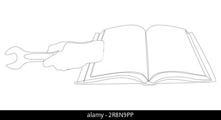 Una linea continua di libri con chiave. Illustrazione di linee sottili Manuale di istruzioni concetto di vettore. Disegno di contorno idee creative. Illustrazione Vettoriale