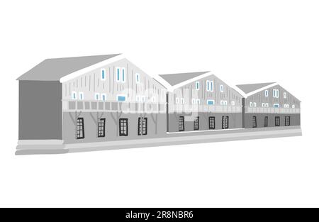 Numero di edifici residenziali disegnati a mano in stile Scandinavo. Finestre blu e pareti grigie Illustrazione Vettoriale