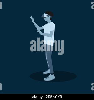 Un uomo indossa un disegno artistico piatto di realtà virtuale in un concetto di tecnologia dei personaggi blu. Illustrazione Vettoriale