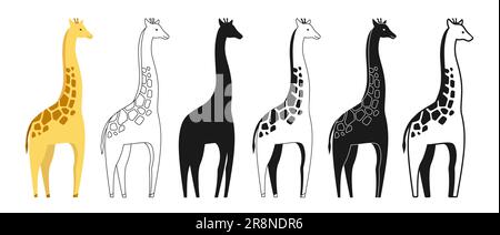 Giraffe animal selvaggio set stile cartone animato. African safari carino giraffe simbolo, linea doodle animale silhouette. Icona piatta divertente giraffa africana carattere. Disegno a mano semplice astratto zoo vettore illustrazione Illustrazione Vettoriale