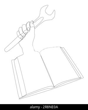 Una linea continua di libri con chiave. Illustrazione di linee sottili Manuale di istruzioni concetto di vettore. Disegno di contorno idee creative. Illustrazione Vettoriale