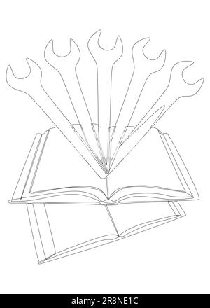 Una linea continua di libri con chiave. Illustrazione di linee sottili Manuale di istruzioni concetto di vettore. Disegno di contorno idee creative. Illustrazione Vettoriale