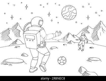 Gli astronauti giocano a calcio su un pianeta alieno grafico spazio bianco-nero paesaggio disegno vettore illustrazione Illustrazione Vettoriale