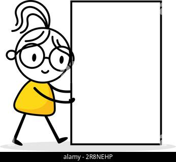 Donna fumetto che spinge una bandiera vuota su sfondo bianco. Ragazza di doodle disegnata a mano. Illustrazione del vettore Illustrazione Vettoriale