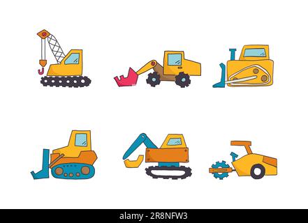 Set disegnato a mano di simpatici mezzi di trasporto colorati. Set di giocattoli per il trasporto su strada per bambini. Trattore, apripista, dumper, escavatore, carrello elevatore, raccoglitore automatico. Illustrazione Vettoriale