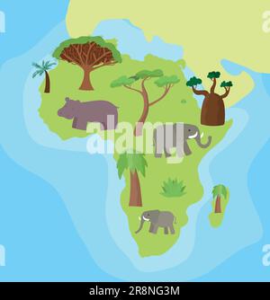 Cartoni animati disegnati a mano mappa illustrata dell'Africa con alberi, piante e isola Madagascar endemici. albero del drago, palma, cactus su sfondo colorato. Illustrazione Vettoriale