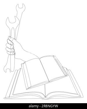 Una linea continua di libri con chiave. Illustrazione di linee sottili Manuale di istruzioni concetto di vettore. Disegno di contorno idee creative. Illustrazione Vettoriale