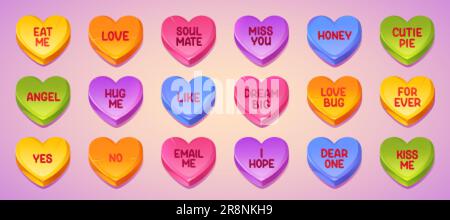 Amore conversazione dolci, caramelle a forma di cuore con testi romantici. Dolci di San Valentino con messaggi d'amore, caramelle carine colorate isolate sullo sfondo, Illustrazione Vettoriale
