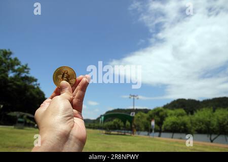 Bitcoin moneta in oro, mano tenere bitcoin nel parco e sfondo naturale Foto Stock