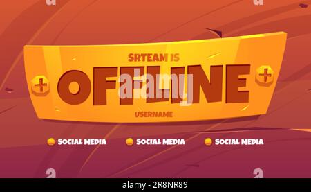 Il flusso è un'etichetta vettoriale di sfondo del cartoon di twitch offline. Modello di design di banner di giochi creativi per la sovrapposizione di schermate video broadcast. Cover per gamer eSport Illustrazione Vettoriale