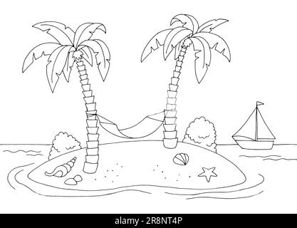 Amaca sulla costa marina dell'isola grafica paesaggio bianco e nero disegno vettore di illustrazione Illustrazione Vettoriale