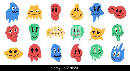 Emoji colorate distorte. Astratto fusione facce surreale acido grovy meltdown facce, acido ordito faccia icone. Vector 90s Set psichedelico di emoji del sorriso f Illustrazione Vettoriale