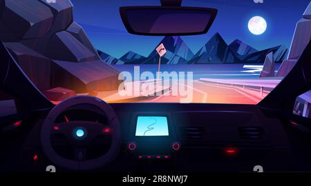 Vista interna dell'auto che guida su strada. Interno del veicolo con cruscotto, volante, navigatore gps e vista su autostrada e paesaggio con mare e montagne di notte, illustrazione vettoriale dei cartoni animati Illustrazione Vettoriale